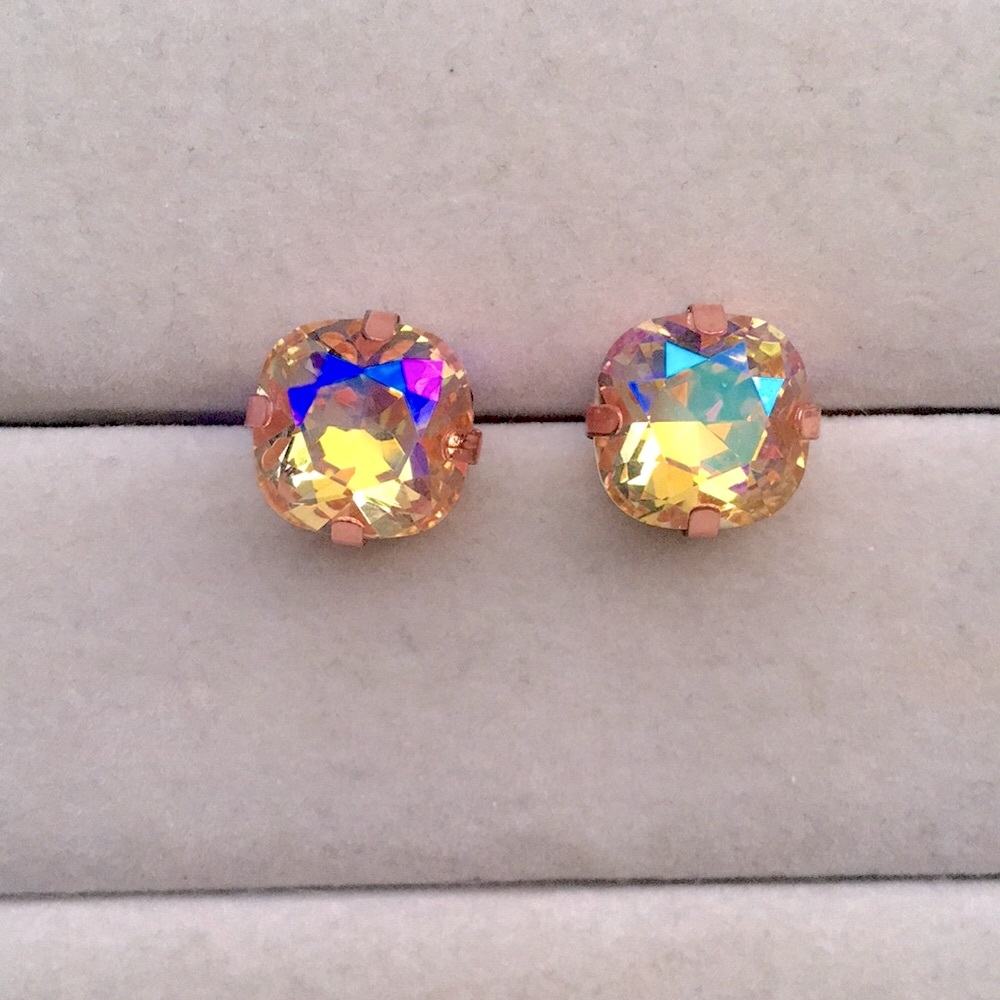 Iridescent Champagne Topaz Sparkle + Rose Gold Cushion Cut Crystal Earrings - Picture 3 of 8